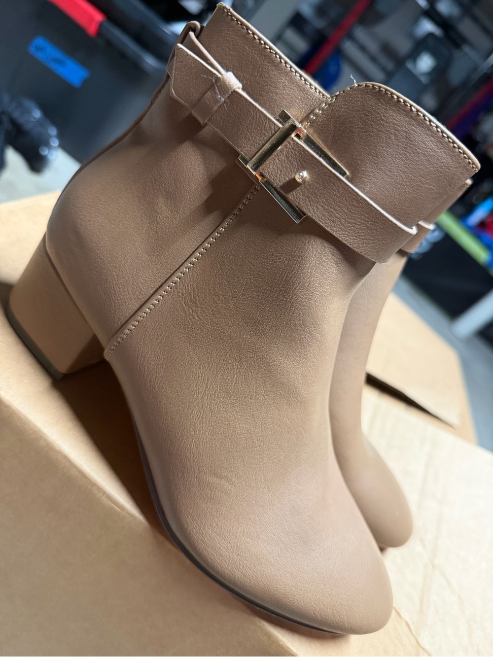 NY Collection Taupe Ankle Boots with Gold Buckle